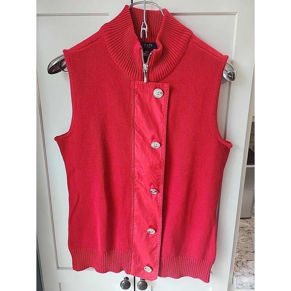 CHAPS Sweater Vest Women's Size L Red Cotton Acrylic Zip w/ Buttons‎
